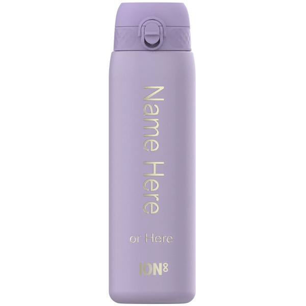 A lavender water bottle stands upright displaying text: "Name Here or Here ION8" situated in a plain white background.