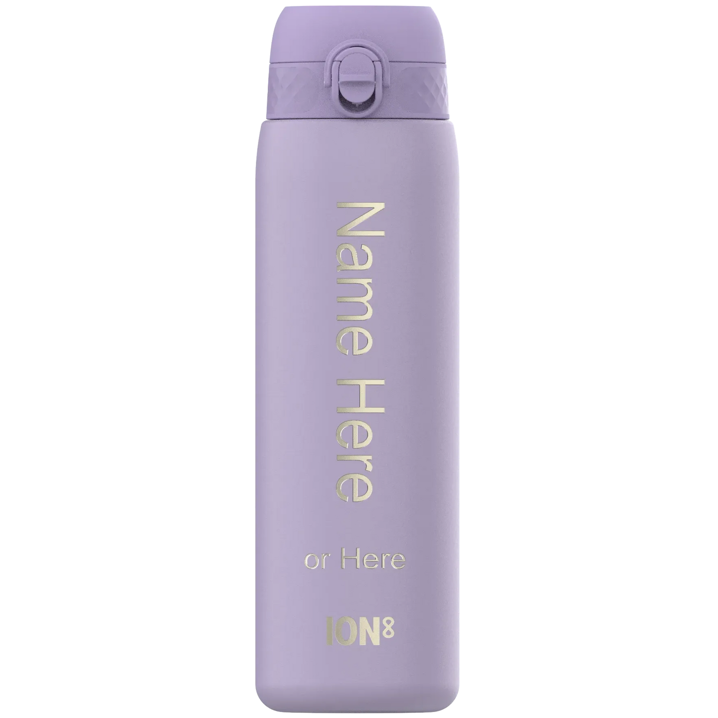 A lavender water bottle stands upright displaying text: "Name Here or Here ION8" situated in a plain white background.