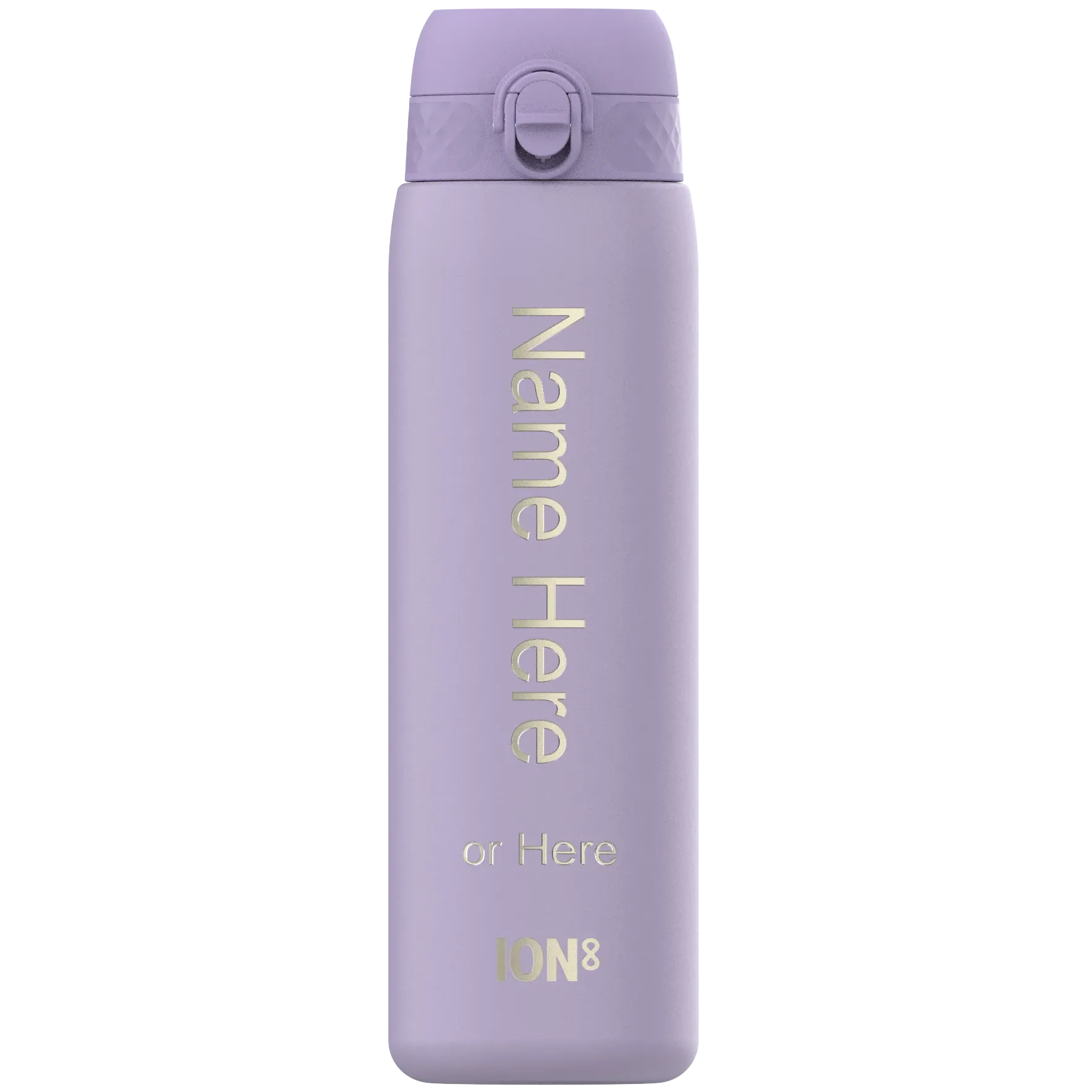 A lavender water bottle stands upright displaying text: "Name Here or Here ION8" situated in a plain white background.