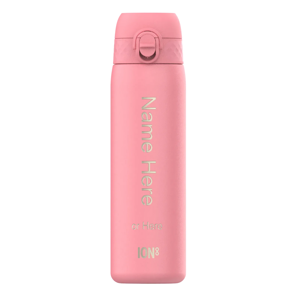 Pink insulated bottle standing upright displaying the text "Name Here or Here ION8" on its surface against a plain background