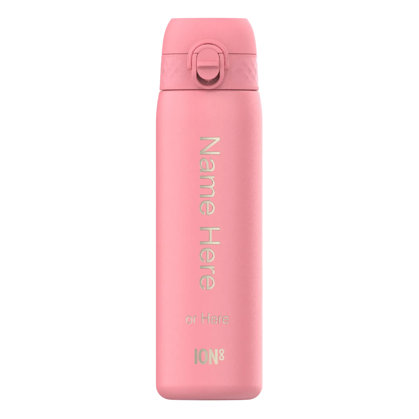 Pink insulated bottle standing upright displaying the text "Name Here or Here ION8" on its surface against a plain background