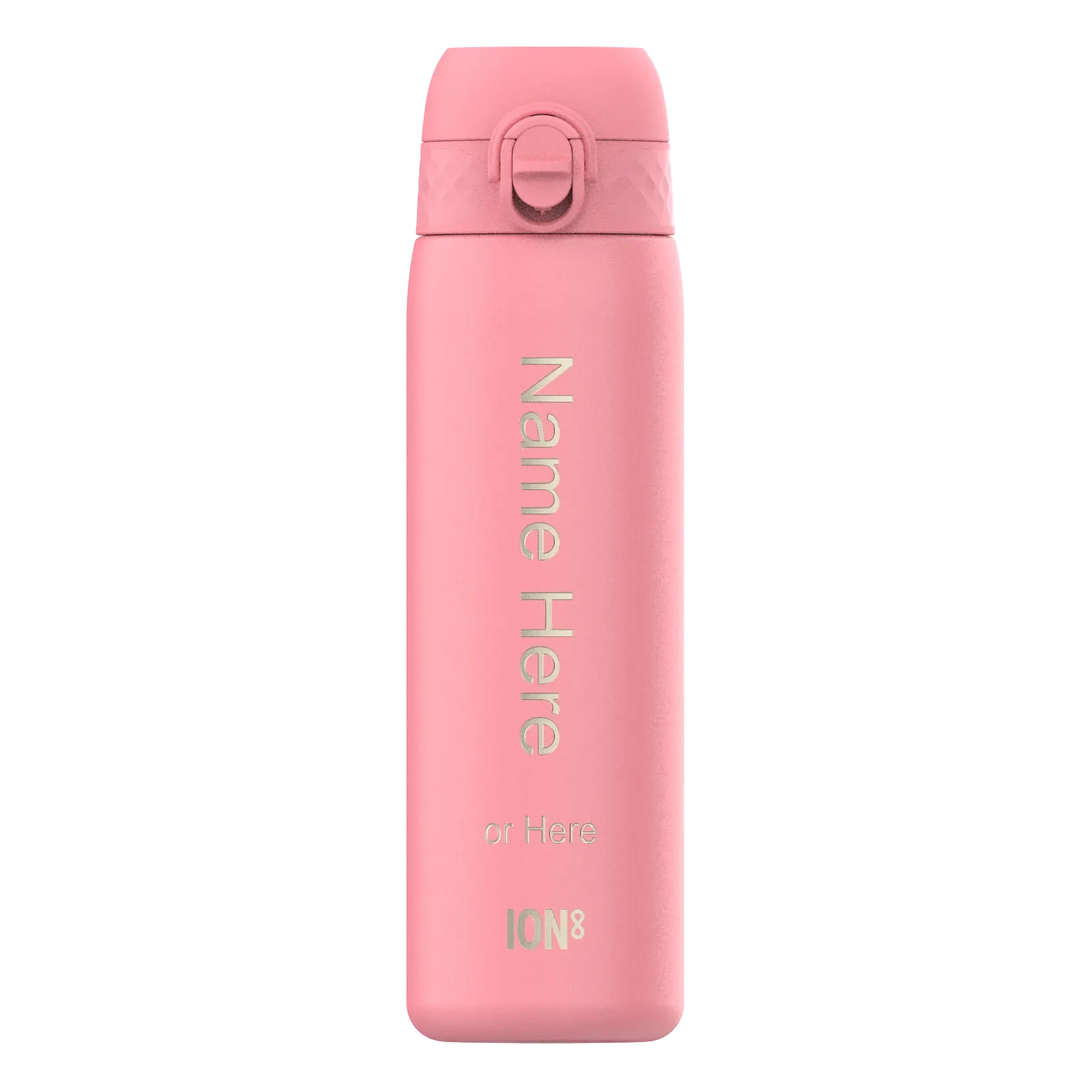 Pink insulated bottle standing upright displaying the text "Name Here or Here ION8" on its surface against a plain background