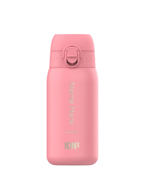 A pink insulated water bottle stands upright on a plain background. The bottle shows text "Name Here or Here ION8" vertically.