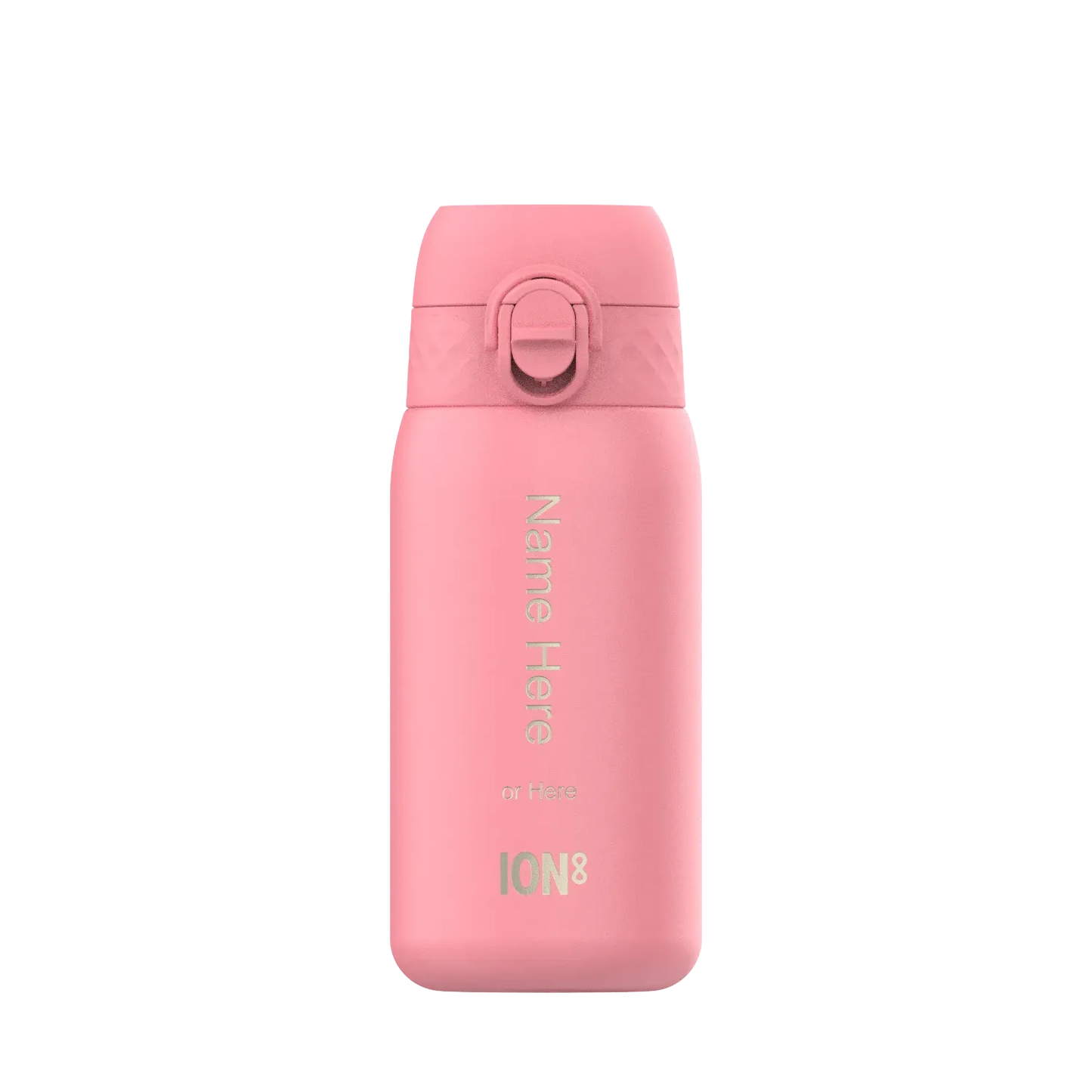 A pink insulated water bottle stands upright on a plain background. The bottle shows text "Name Here or Here ION8" vertically.