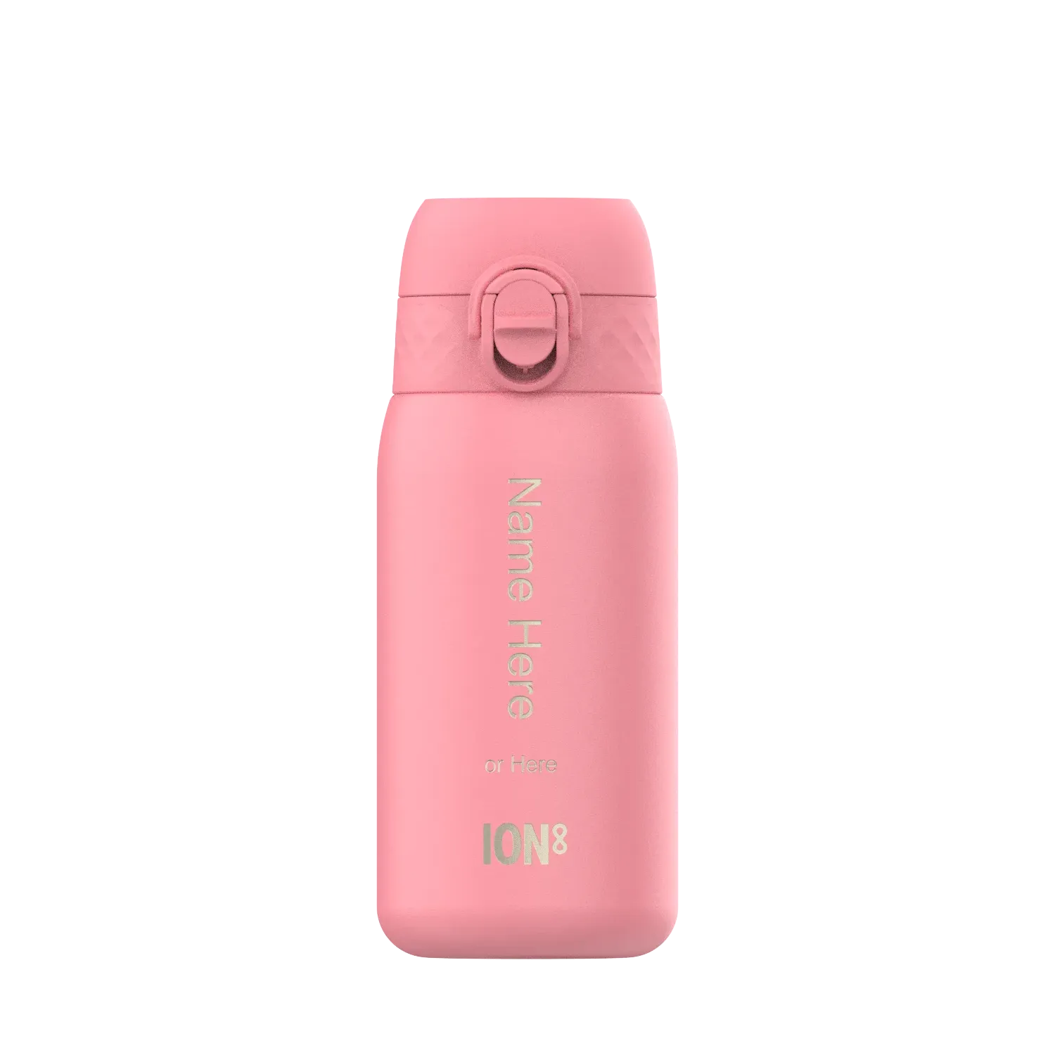A pink insulated water bottle stands upright on a plain background. The bottle shows text "Name Here or Here ION8" vertically.