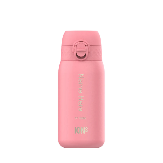 A pink insulated water bottle stands upright on a plain background. The bottle shows text "Name Here or Here ION8" vertically.