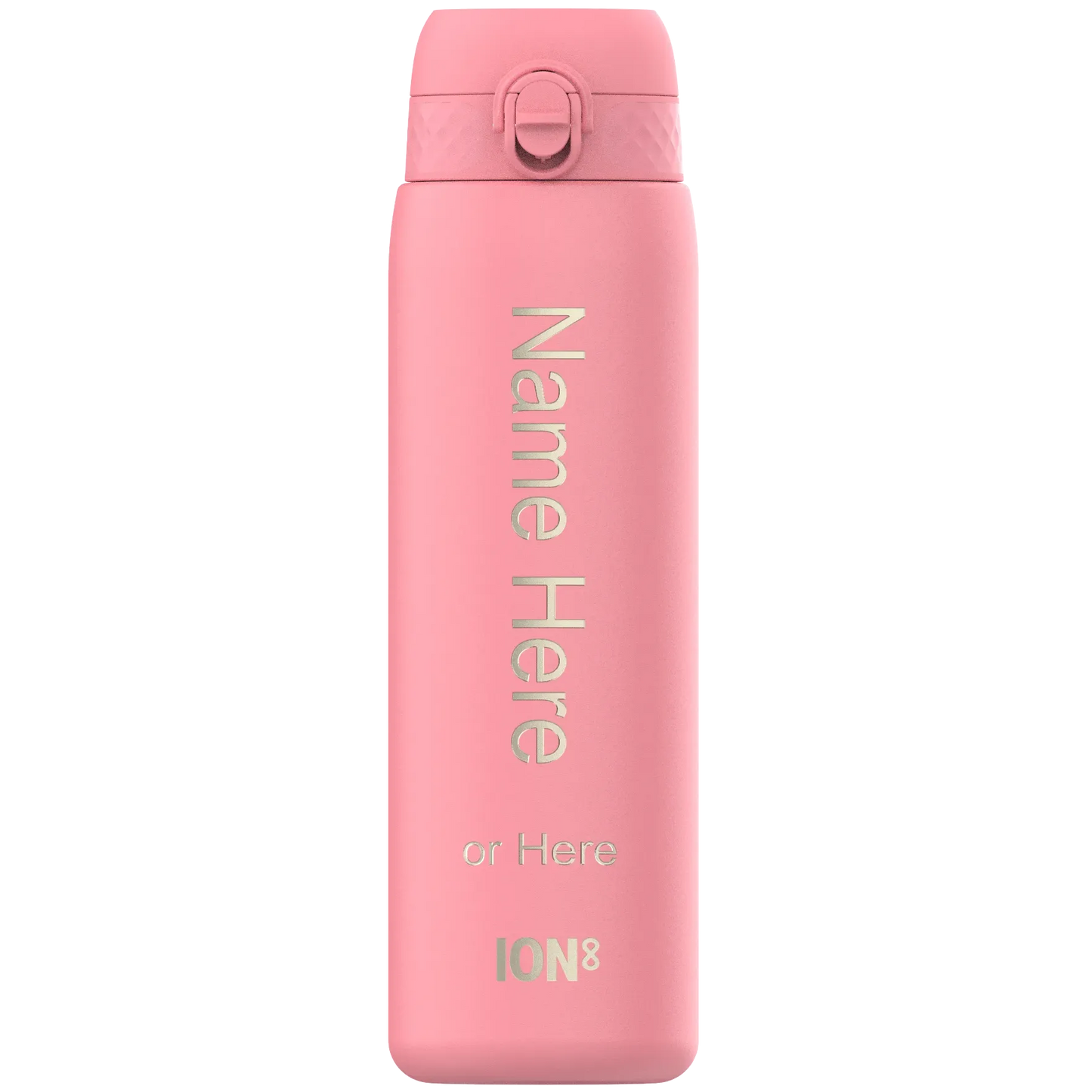 A pink reusable water bottle stands upright with text "Name Here or Here ION8" printed vertically in a plain white background