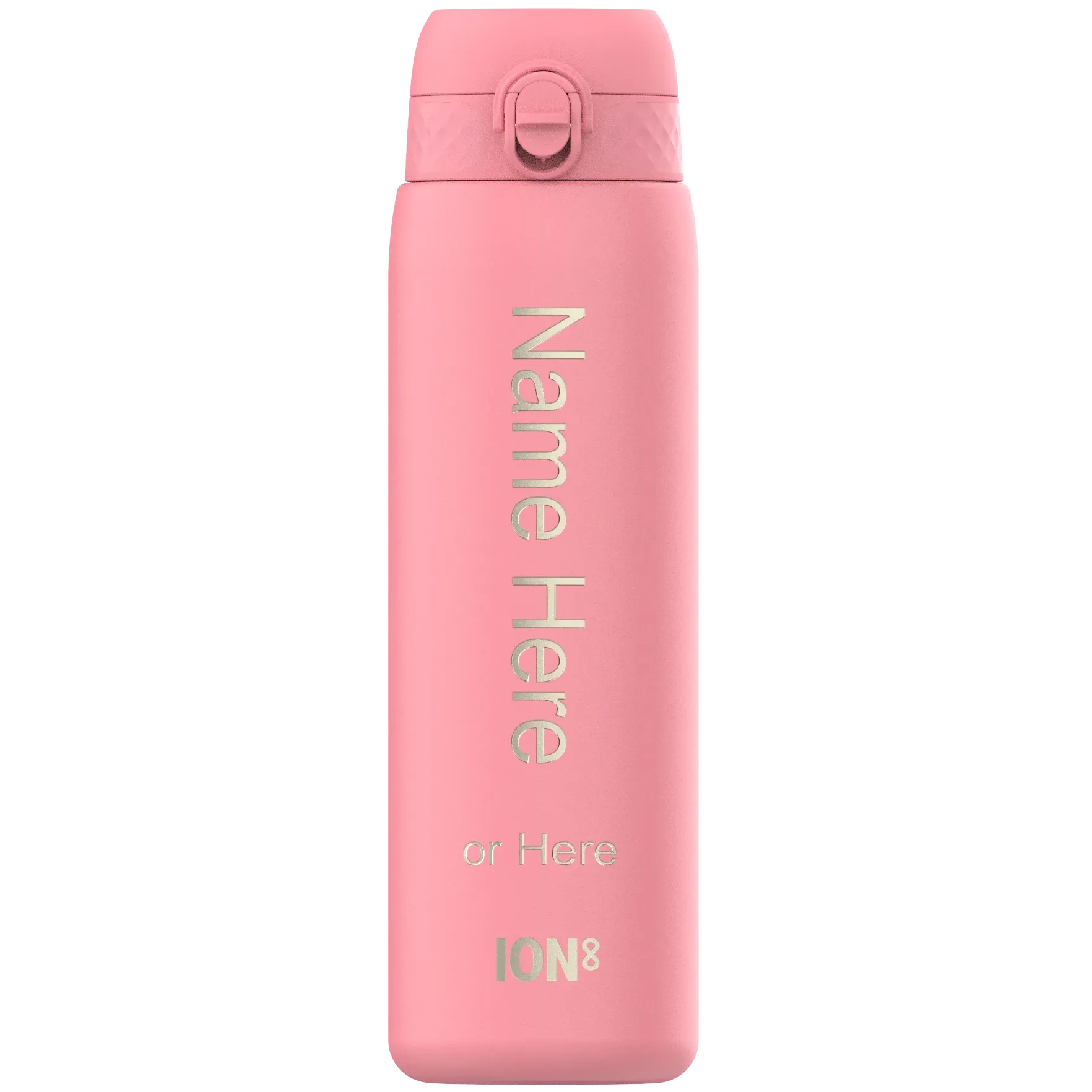 A pink reusable water bottle stands upright with text "Name Here or Here ION8" printed vertically in a plain white background