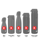 Five water bottles displayed in a row each with a red circle and white X symbol over them labeled Mini 280ml Travel-Mug 360ml Vogue 500ml Large 750ml Extra-Large 920-1200ml beneath each bottle