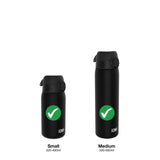 Two black water bottles with flip-top lids stand side by side on a white background both displaying a green check mark Small 320-400ml Medium 500-600ml labeled below with ION8 text