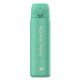 A turquoise reusable water bottle stands upright with a flip lid and gold text reading 