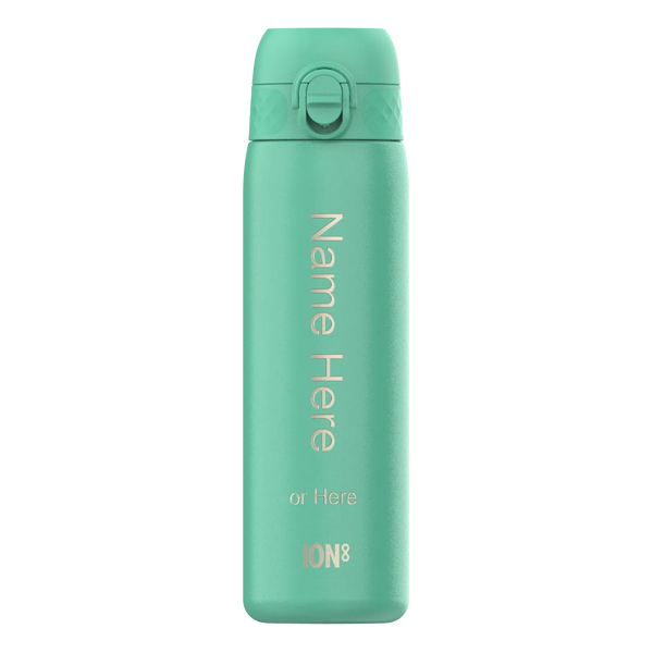 A turquoise reusable water bottle stands upright with a flip lid and gold text reading "Name Here or Here ION8" set against a plain white background