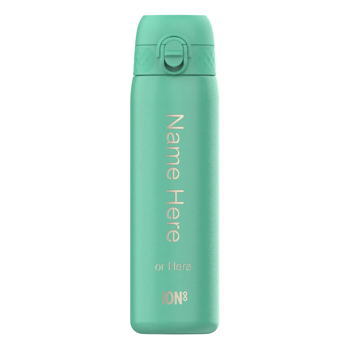 A turquoise reusable water bottle stands upright with a flip lid and gold text reading "Name Here or Here ION8" set against a plain white background