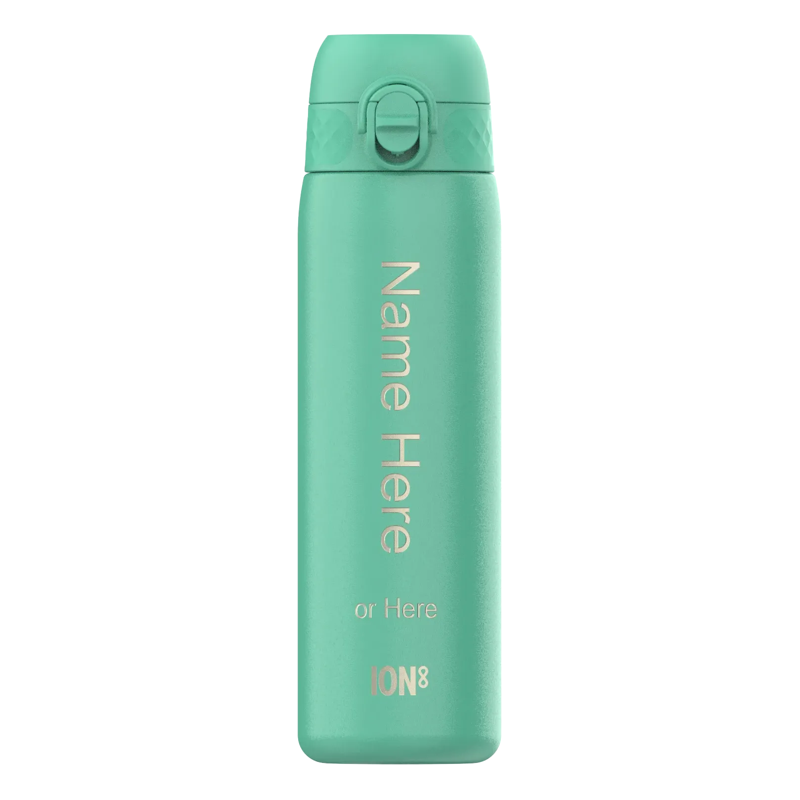 A turquoise reusable water bottle stands upright with a flip lid and gold text reading "Name Here or Here ION8" set against a plain white background