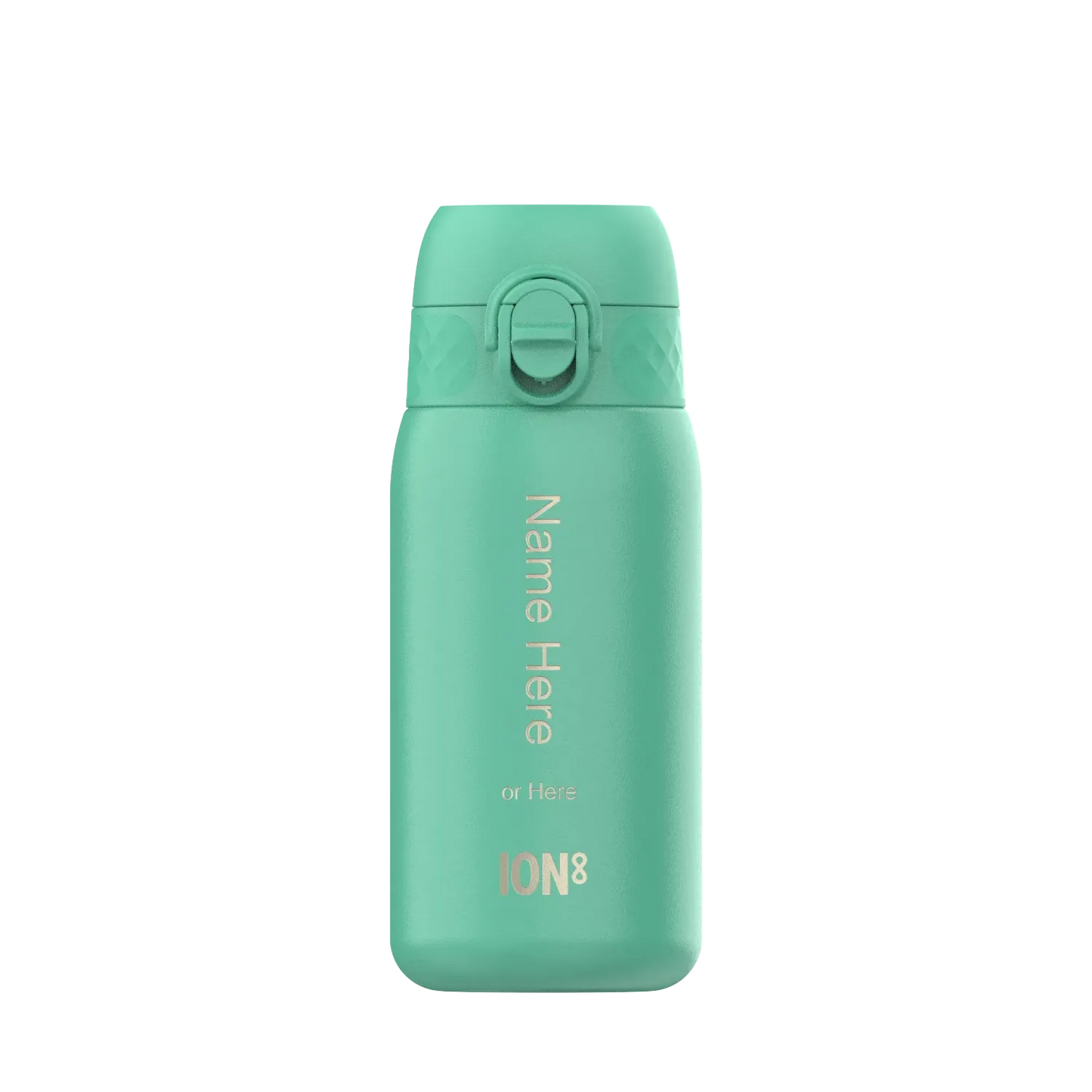 Green water bottle standing upright with a lid and flip cap in a plain white background displaying the text: Name Here or Here ION8