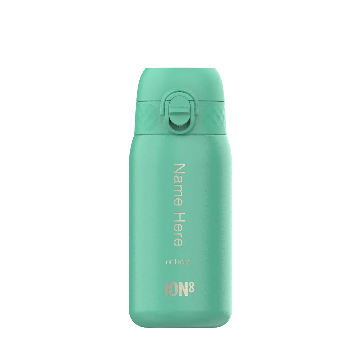A teal water bottle with a flip-top lid stands upright Text reads Name Here or Here ION8 against a plain white background