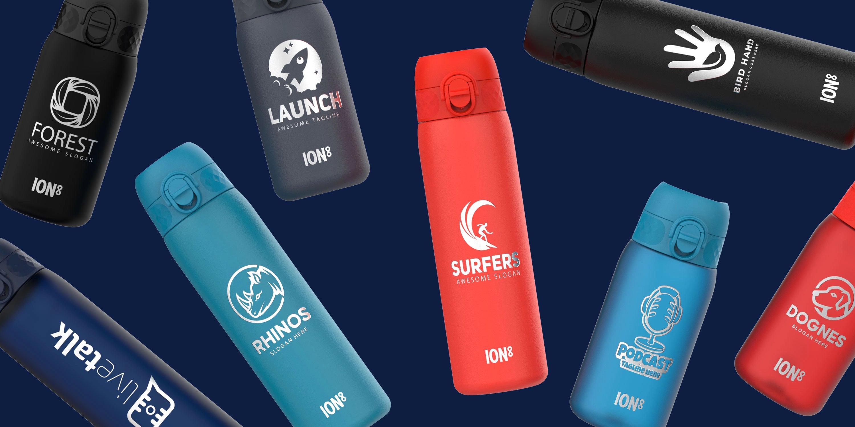 Several water bottles, each displaying a unique logo and tagline, are scattered against a dark blue background.