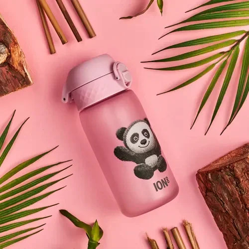 image of a pink ion8 water bottle with a panda print on the front