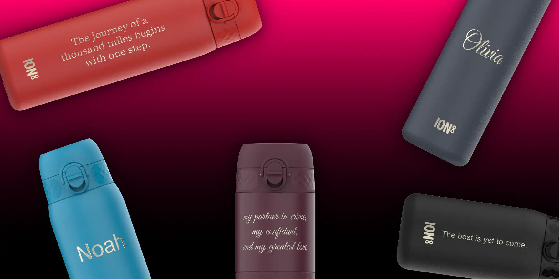 Personalized ION8 water bottles are displayed against a magenta background. The bottles feature various names and engraved messages.