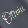 A silver cursive name, "Olivia," is displayed on a dark gray background.