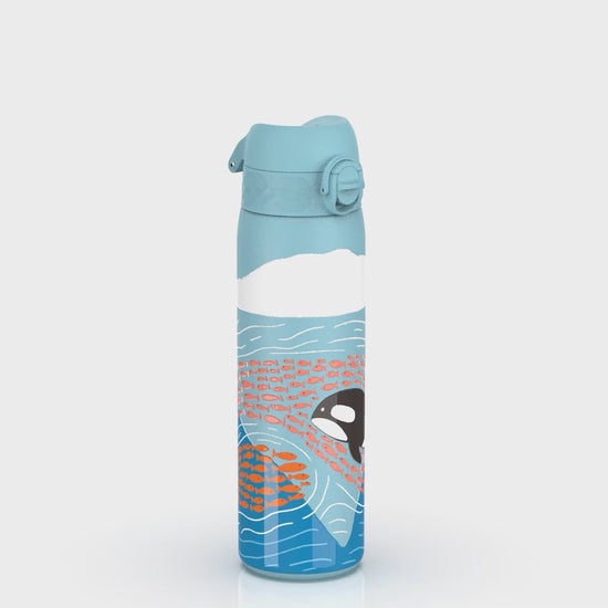 360 Video View of Ion8 Leak Proof Slim Water Bottle, Stainless Steel, Big Whale, 600ml (20oz)